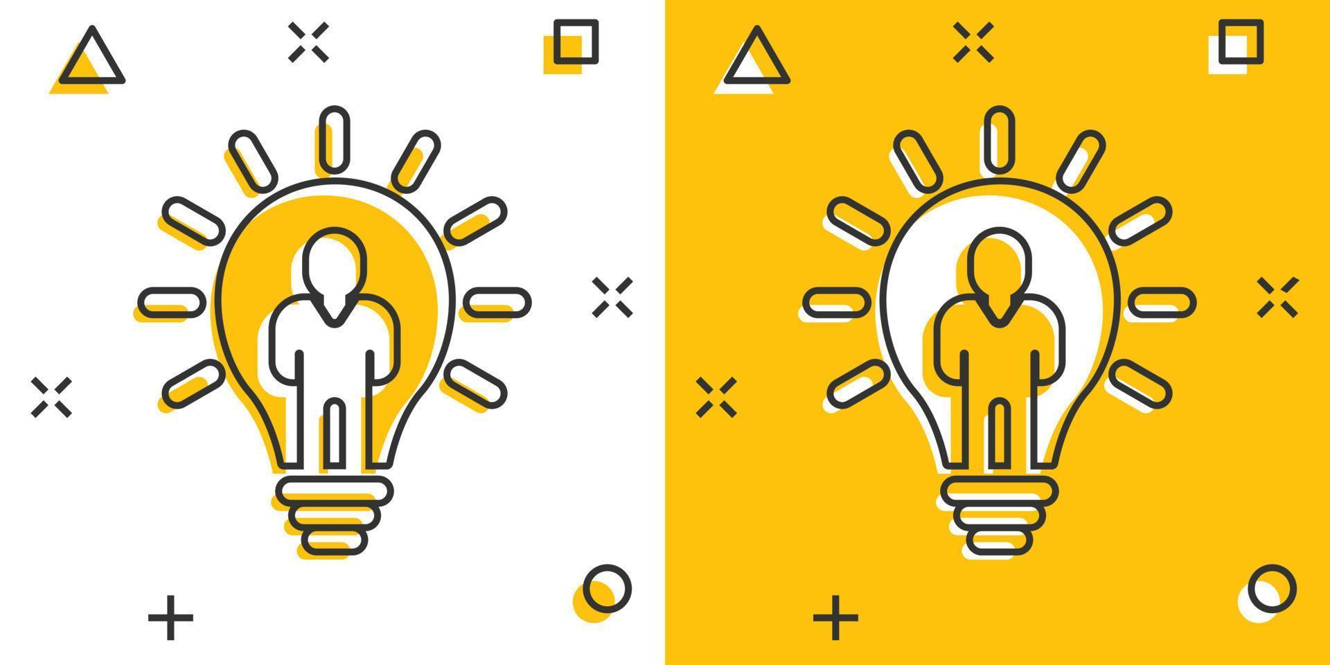 People with bulb icon in comic style. idea cartoon vector collection illustration on white isolated background. Brain mind splash effect business concept.