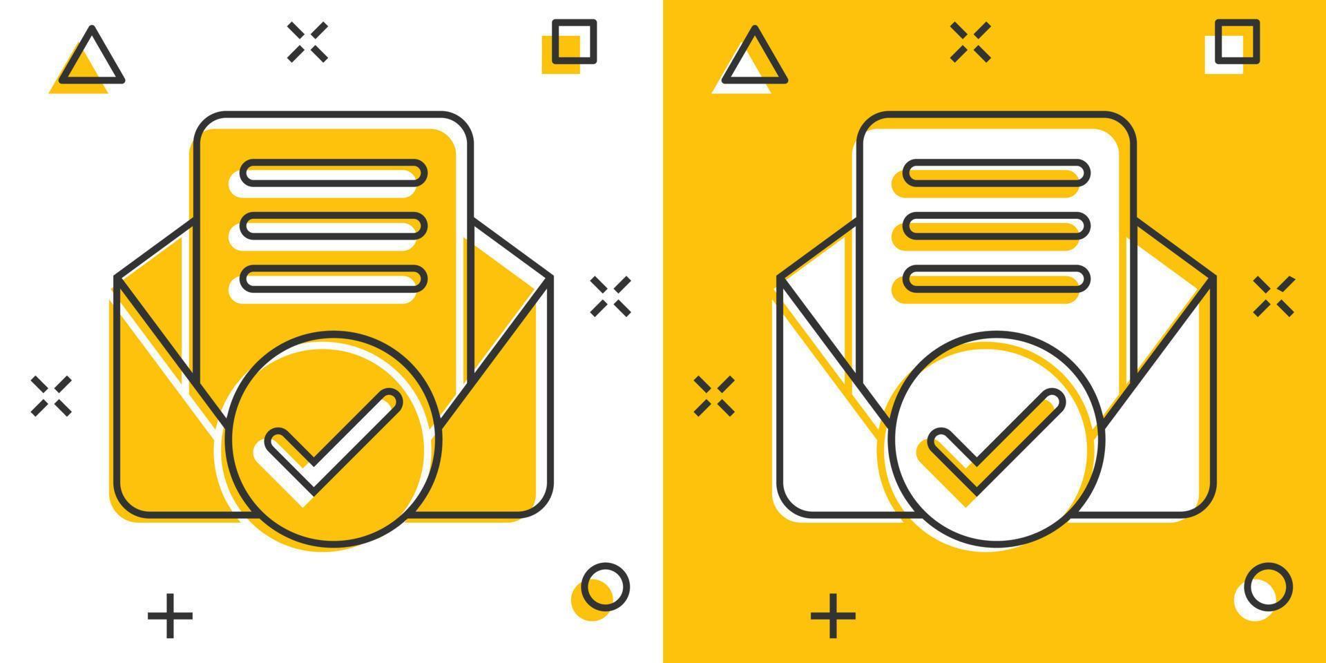 Envelope with confirmed document icon in comic style. Verify cartoon vector illustration on white isolated background. Receive splash effect business concept.