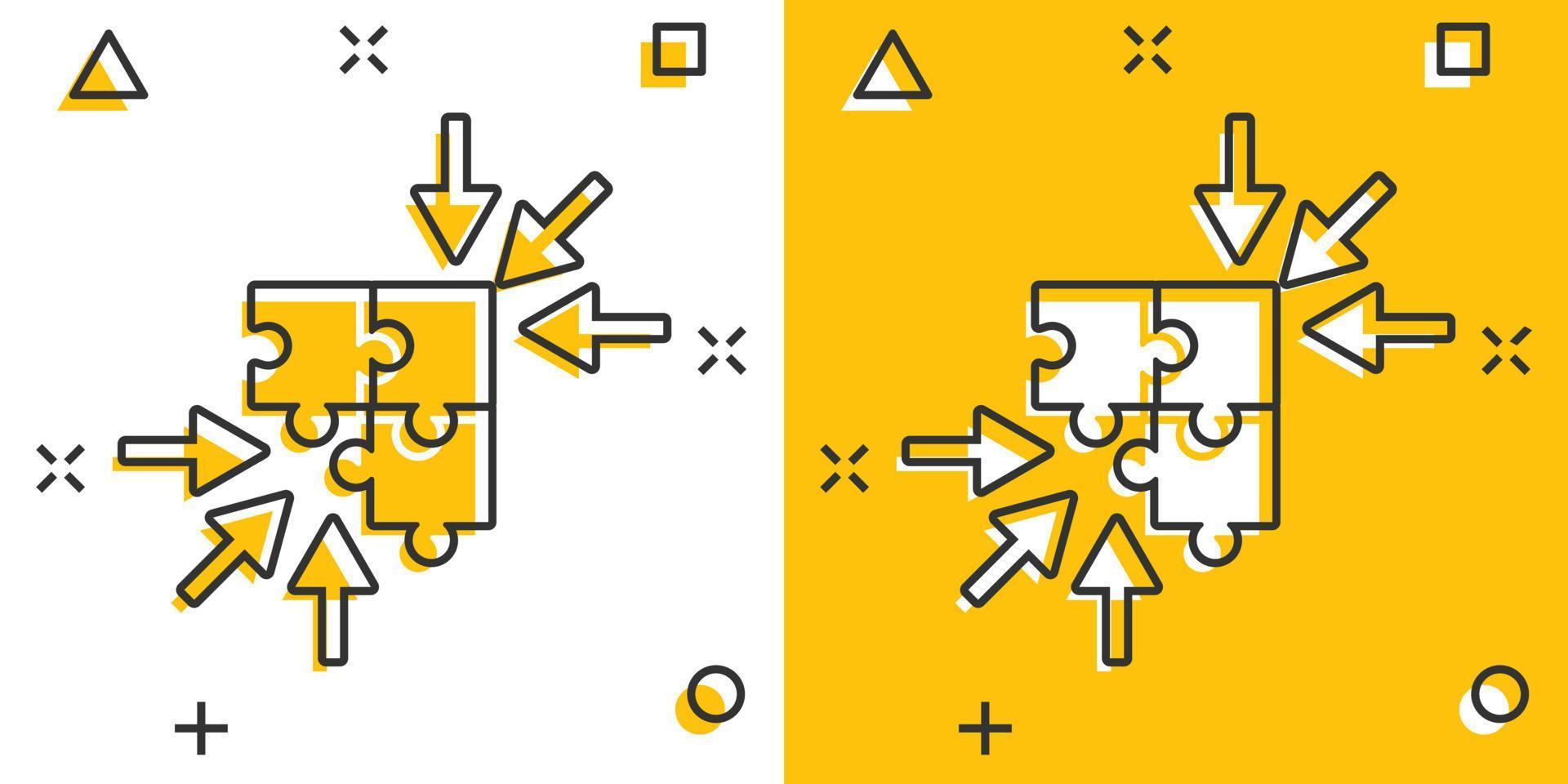 Puzzle jigsaw icon in comic style. Solution compatible cartoon vector illustration on white isolated background. Combination splash effect business concept.