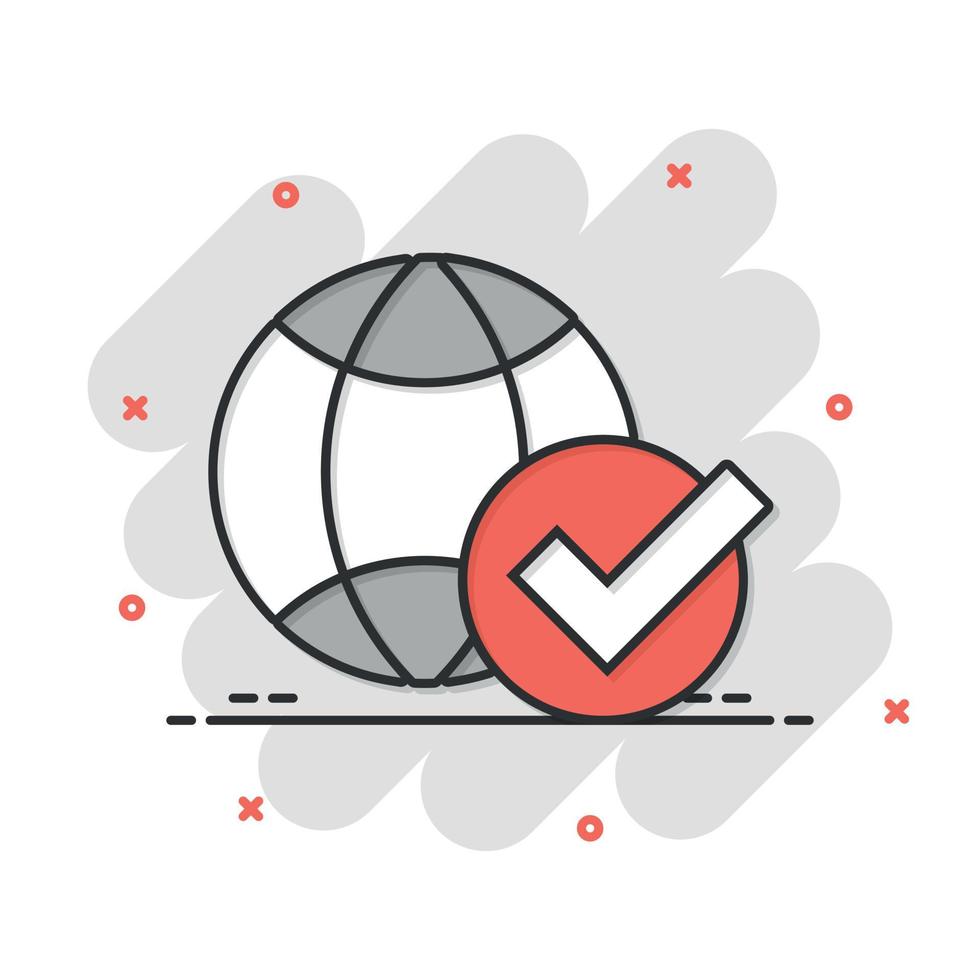 icono de marca de verificación de globo en estilo cómico. ilustración de vector de dibujos animados de aprobación mundial sobre fondo blanco aislado. confirme el concepto de negocio de efecto de salpicadura.