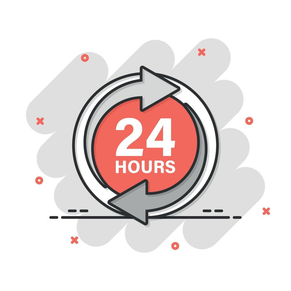 24 hours service icon in comic style. All day business and service cartoon vector illustration on isolated background. Quick service time splash effect sign business concept.