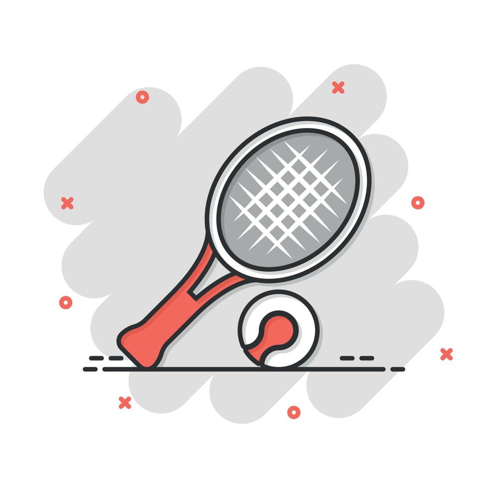 icono de raqueta de tenis en estilo cómico. Ilustración de vector de dibujos animados de raqueta de juego sobre fondo aislado. concepto de negocio de signo de efecto de salpicadura de actividad deportiva.