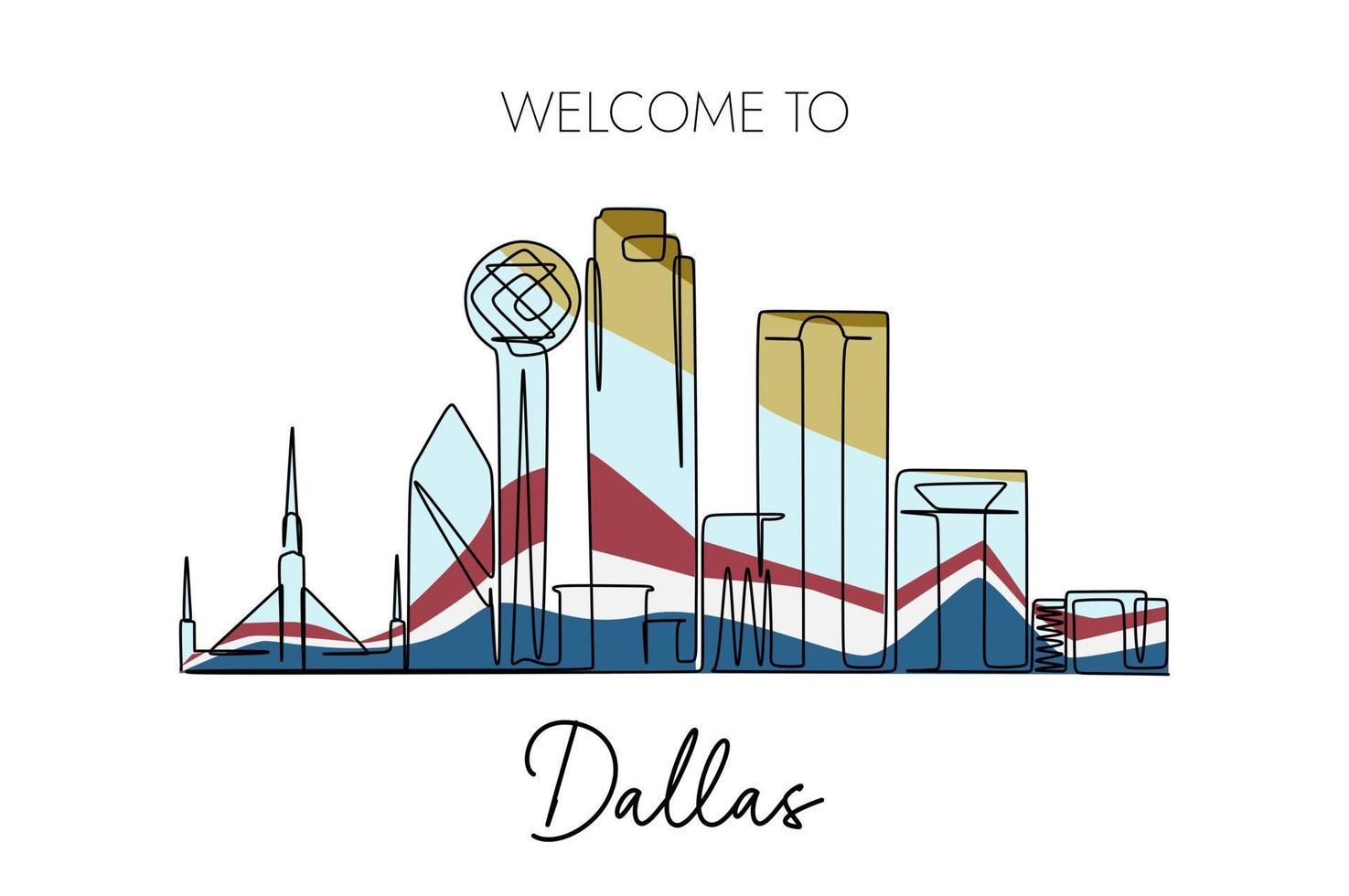 Dallas city skyline continuous line drawing. Hand drawn sketch. Vector illustration. Business travel and tourism concept.