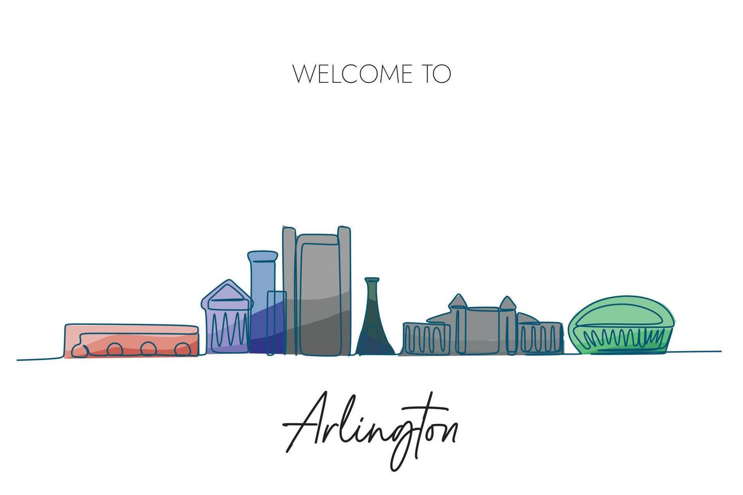 Arlington, USA city skyline continuous line drawing with monochromatic gradient colors. Hand drawn vector illustration.