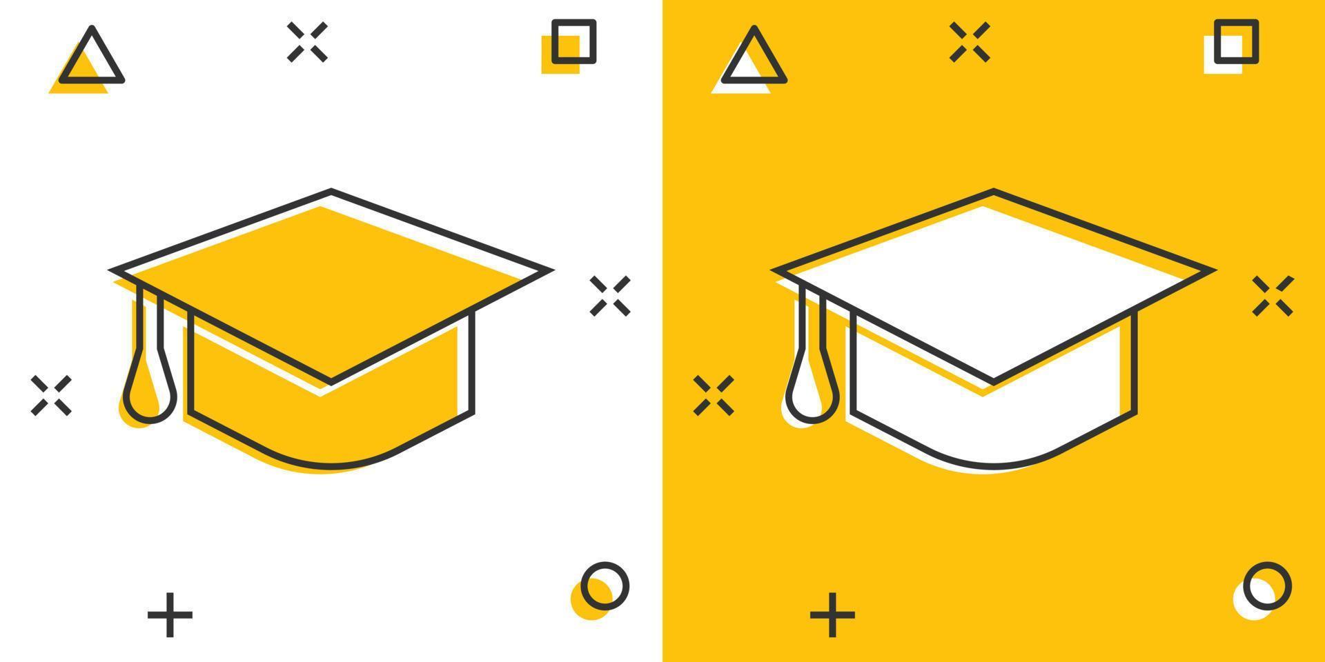 icono de sombrero de graduación en estilo cómico. ilustración de vector de dibujos animados de gorra de estudiante sobre fondo blanco aislado. concepto de negocio de efecto splash universitario.