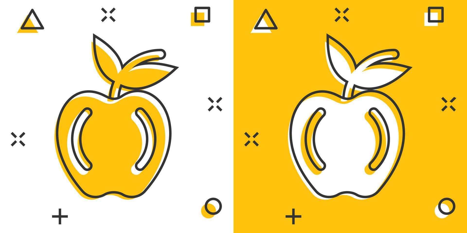 icono de manzana en estilo cómico. ilustración de vector de dibujos animados de fruta fresca sobre fondo blanco aislado. concepto de negocio de efecto de salpicadura de comida jugosa.