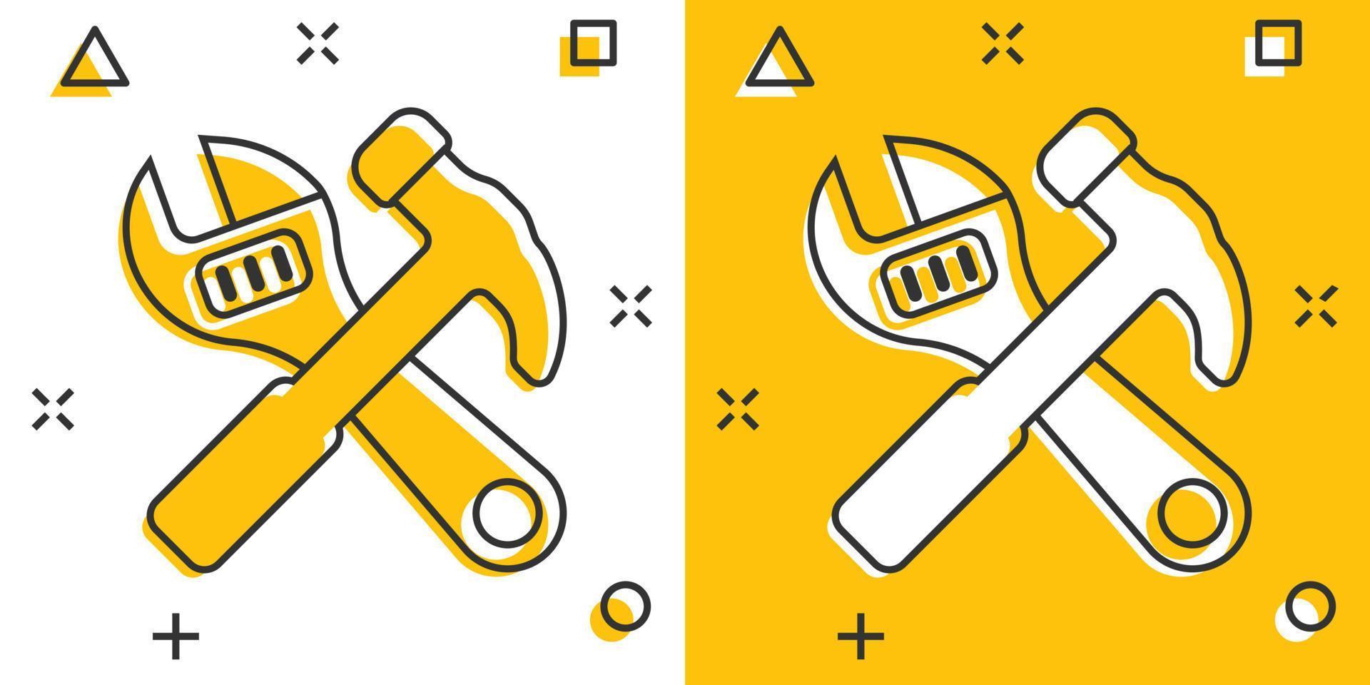 Hammer with wrench icon in flat style. Work instrument vector illustration on white isolated background. Repair equipment business concept.