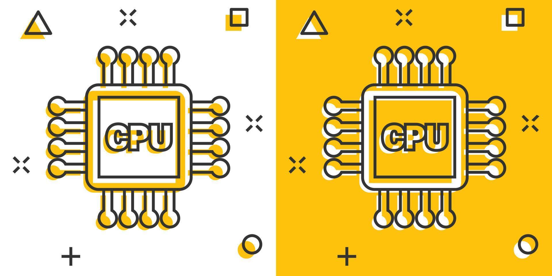 Computer cpu icon in comic style. Circuit board cartoon vector illustration on white isolated background. Motherboard chip splash effect business concept.