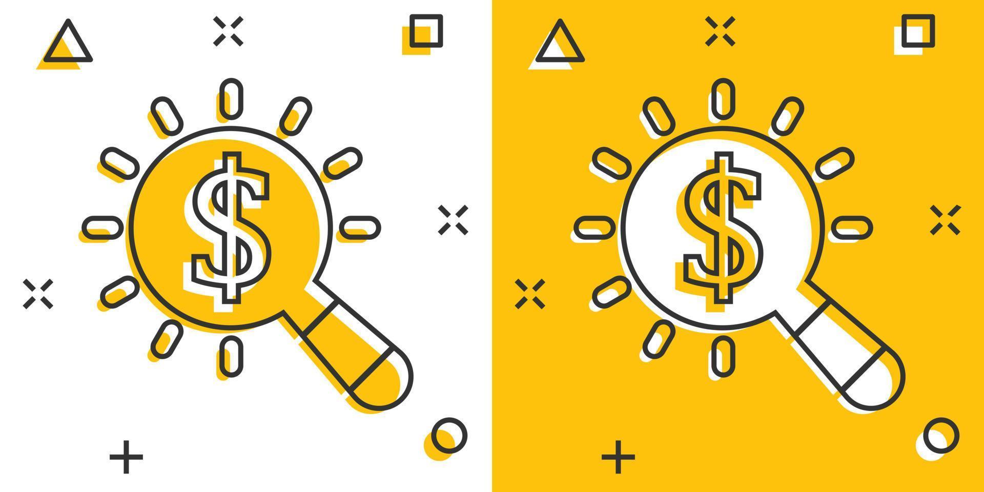 Magnifier glass with money icon in comic style. Dollar search cartoon vector illustration on white isolated background. Financial currency splash effect business concept.