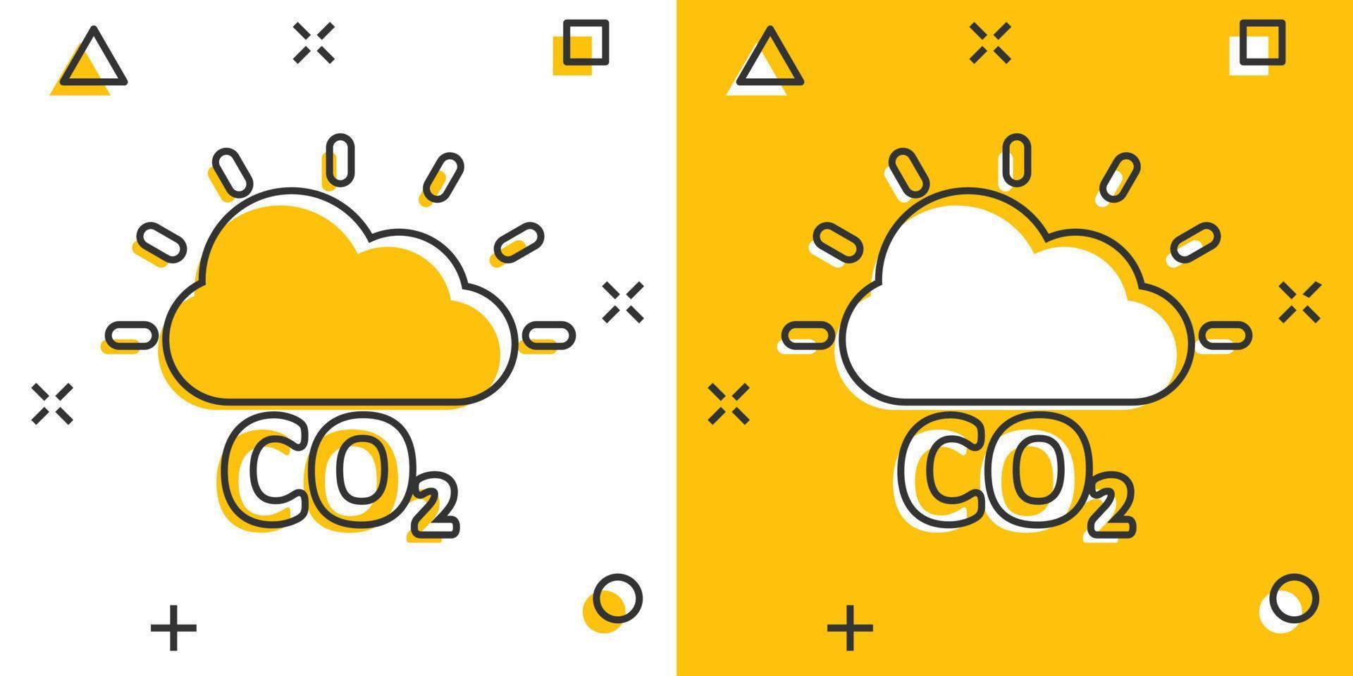 icono de emisión de co2 en estilo cómico. ilustración de vector de dibujos animados de desastre de nube sobre fondo blanco aislado. concepto de negocio de signo de efecto de salpicadura de medio ambiente.