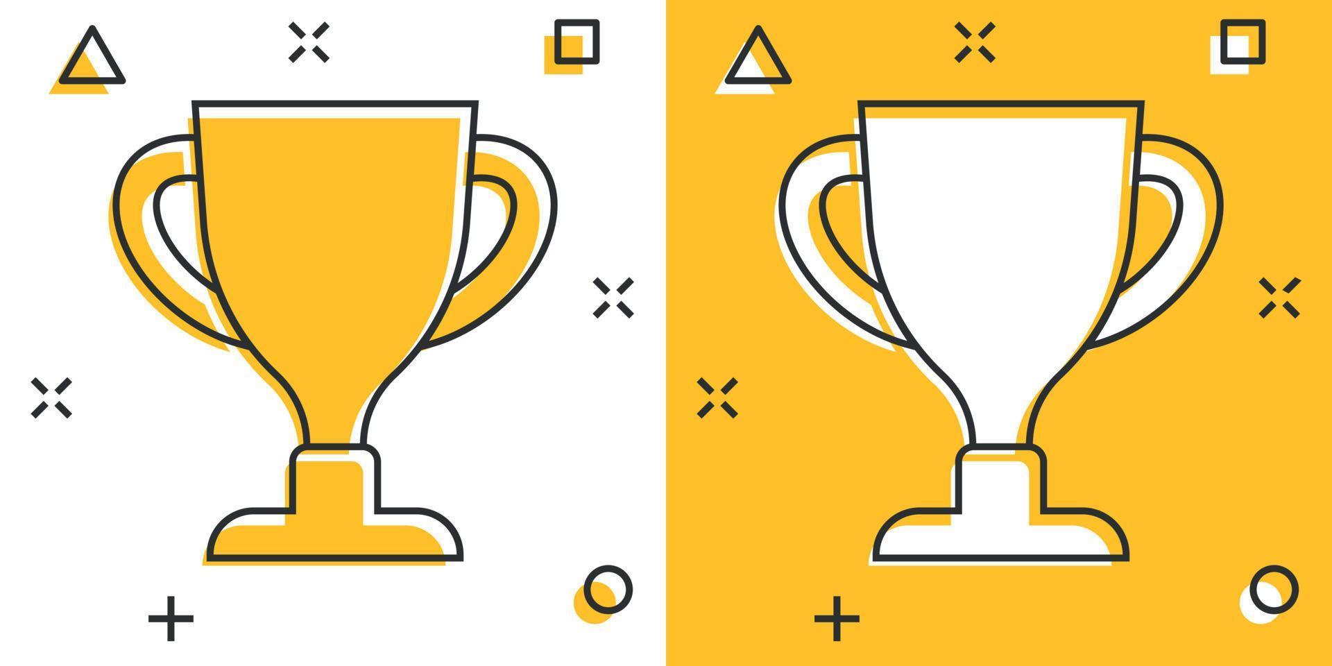 Trophy cup icon in comic style. Goblet prize cartoon vector illustration on isolated background. Award splash effect sign business concept.