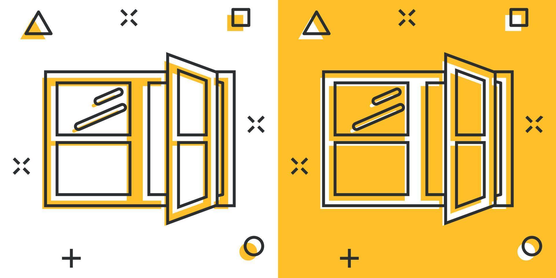 icono de ventana en estilo cómico. ilustración vectorial de dibujos animados abatibles sobre fondo aislado. concepto de negocio de signo de efecto de salpicadura interior de casa. vector