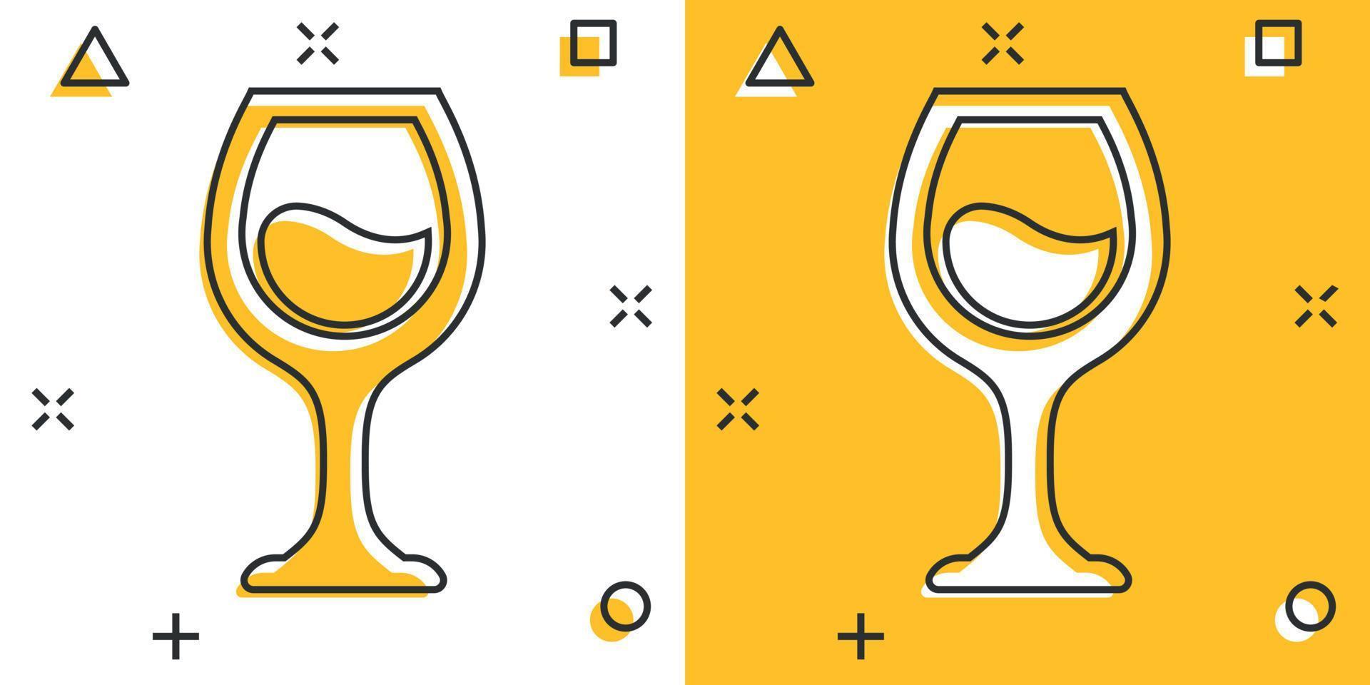 icono de copa de vino en estilo cómico. Ilustración de vector de dibujos animados de bebidas de champán sobre fondo aislado. concepto de negocio de señal de efecto de salpicadura de bebida de cóctel.