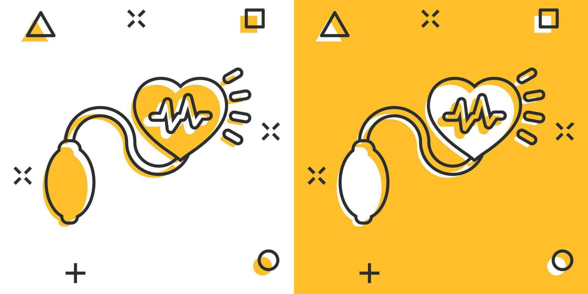 ícono de presión arterial en estilo cómico. monitor de latido del corazón ilustración vectorial de dibujos animados sobre fondo aislado. concepto de negocio de signo de efecto de salpicadura de diagnóstico de pulso. vector