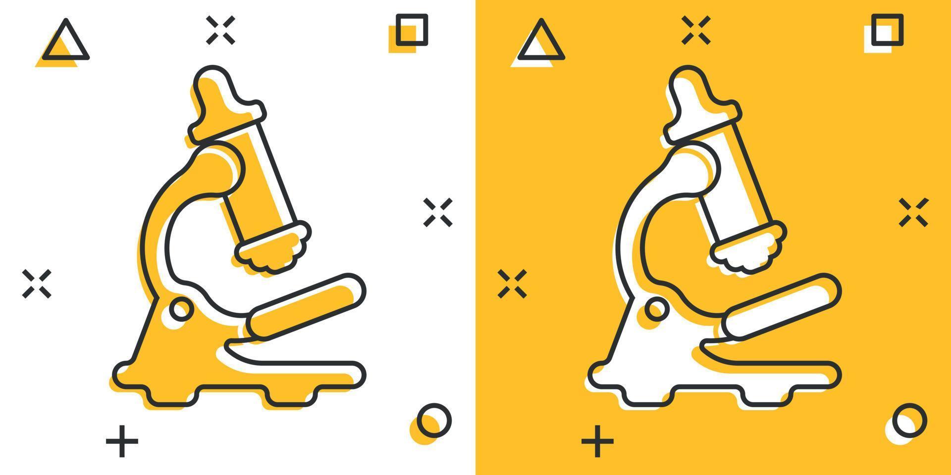 Microscope icon in comic style. Laboratory magnifier cartoon vector illustration on isolated background. Biology instrument splash effect sign business concept.