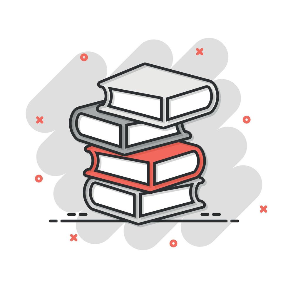 icono de la biblioteca de libros en estilo cómico. ilustración de vector de dibujos animados de enciclopedia sobre fondo blanco aislado. Concepto de negocio de signo de efecto de salpicadura de diccionario.