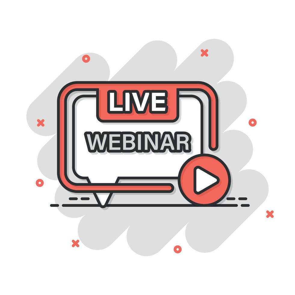 Live webinar icon in comic style. Online training cartoon vector illustration on isolated background. Conference stream splash effect sign business concept.