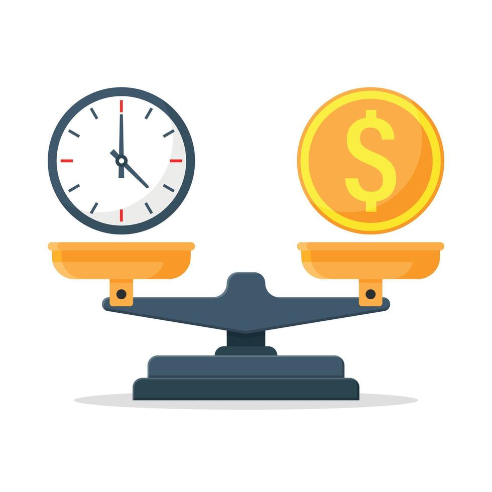 Time vs money on scales in flat style. Weight balance vector illustration on isolated background. Equilibrium comparison sign business concept.
