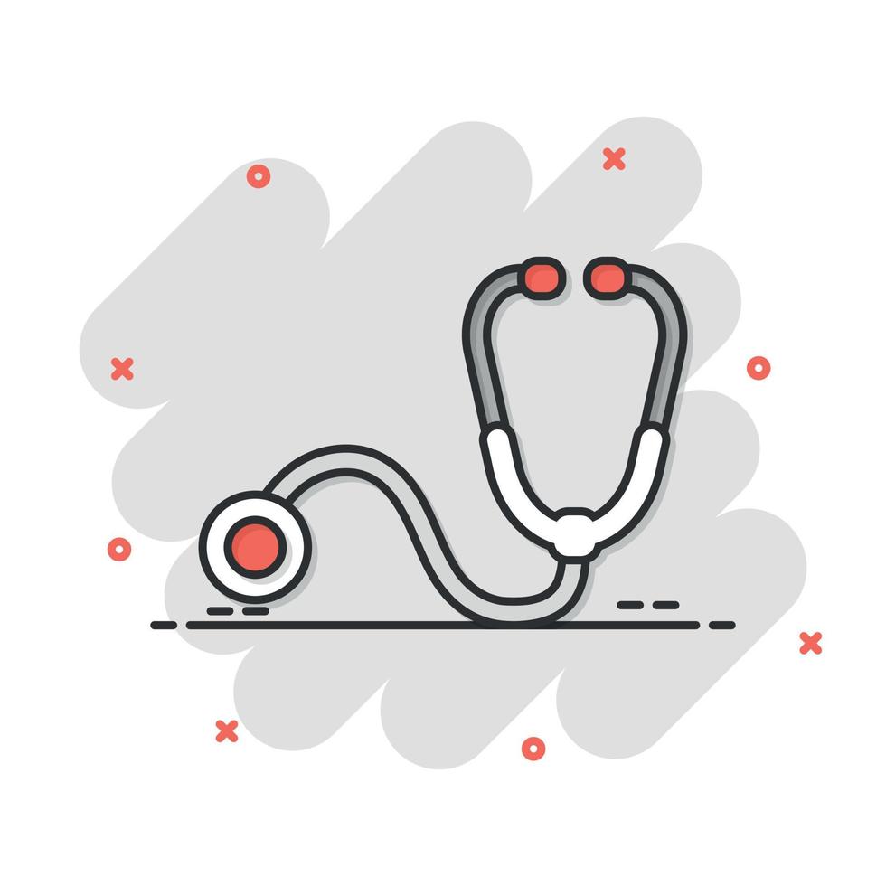 icono de estetoscopio en estilo cómico. ilustración de vector de dibujos animados de diagnóstico de corazón sobre fondo aislado. concepto de negocio de signo de efecto de salpicadura de medicina.