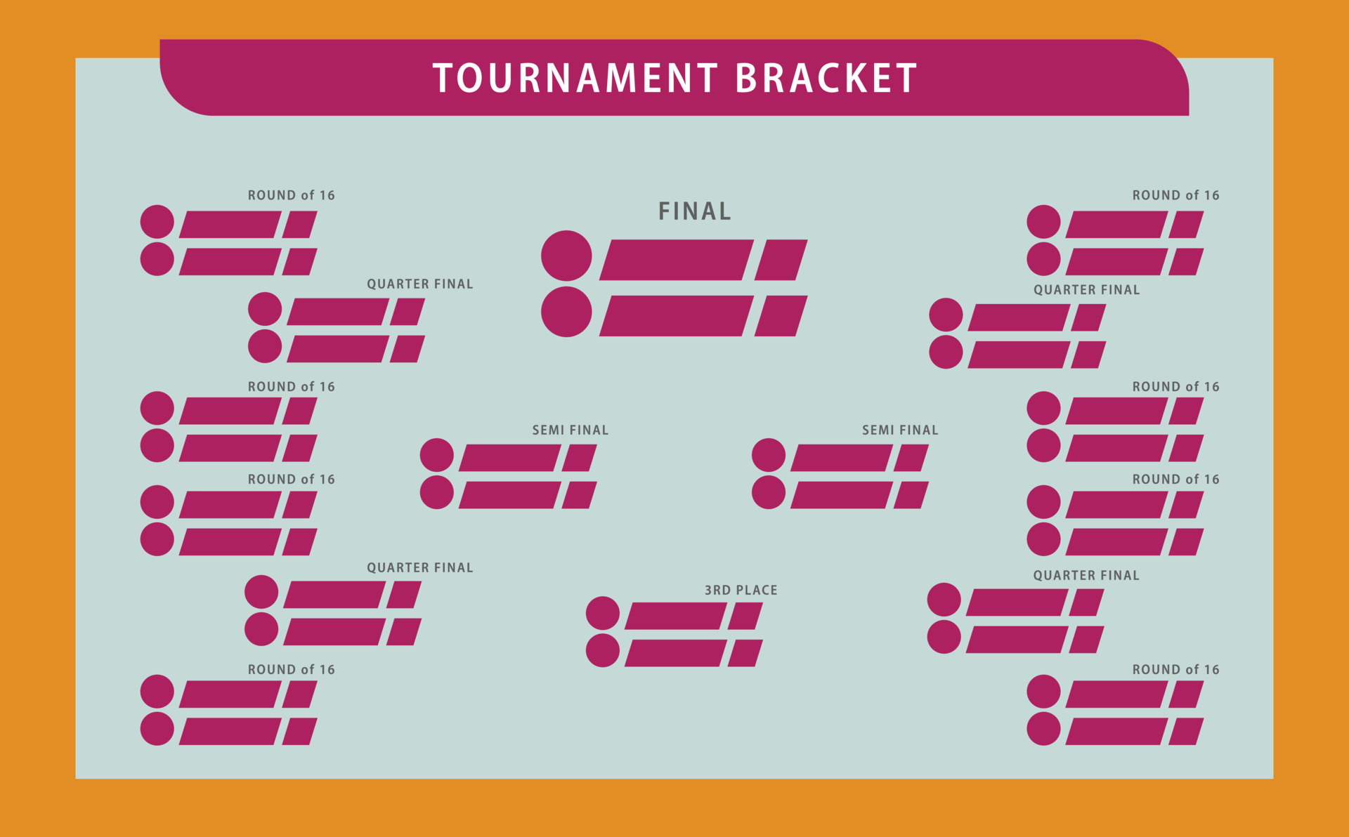 Tournament table template using orange, light blue, and purple. Tournament bracket blank