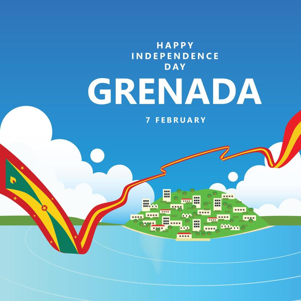 Grenada independence day vector illustration with a long flag and a dense tropical island within the beautiful blue sky scenery. Caribbean country public holiday.