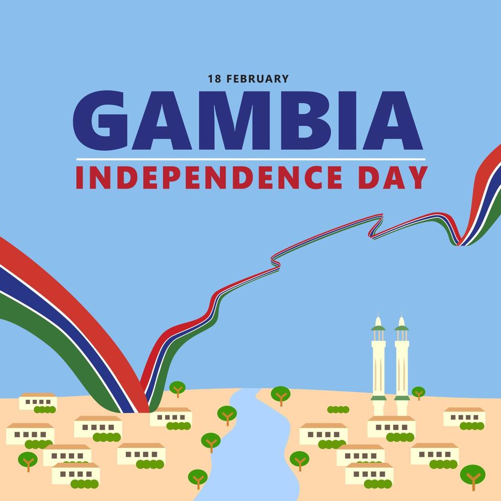 diseño de plantilla vectorial del día de la independencia de gambia con una bandera larga, una ciudad y dos minaretes de mezquita. ilustración del día festivo del país africano. vector