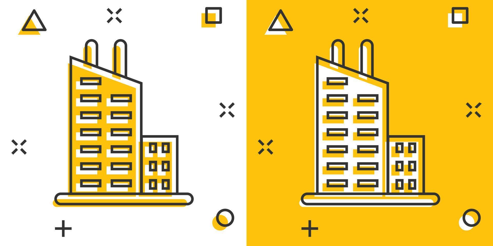 icono de construcción en estilo cómico. ciudad rascacielos apartamento dibujos animados vector ilustración sobre fondo blanco aislado. concepto de negocio de efecto de salpicadura de torre de la ciudad.