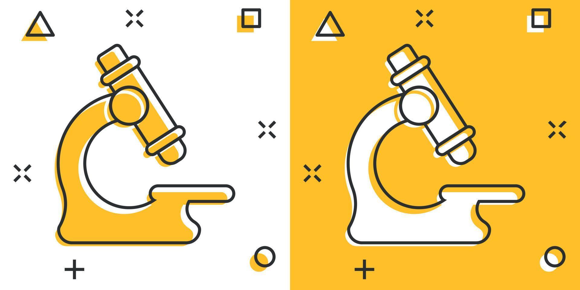 icono de microscopio en estilo cómico. Ilustración de vector de dibujos animados de lupa de laboratorio sobre fondo aislado. concepto de negocio de signo de efecto de salpicadura de instrumento de biología.