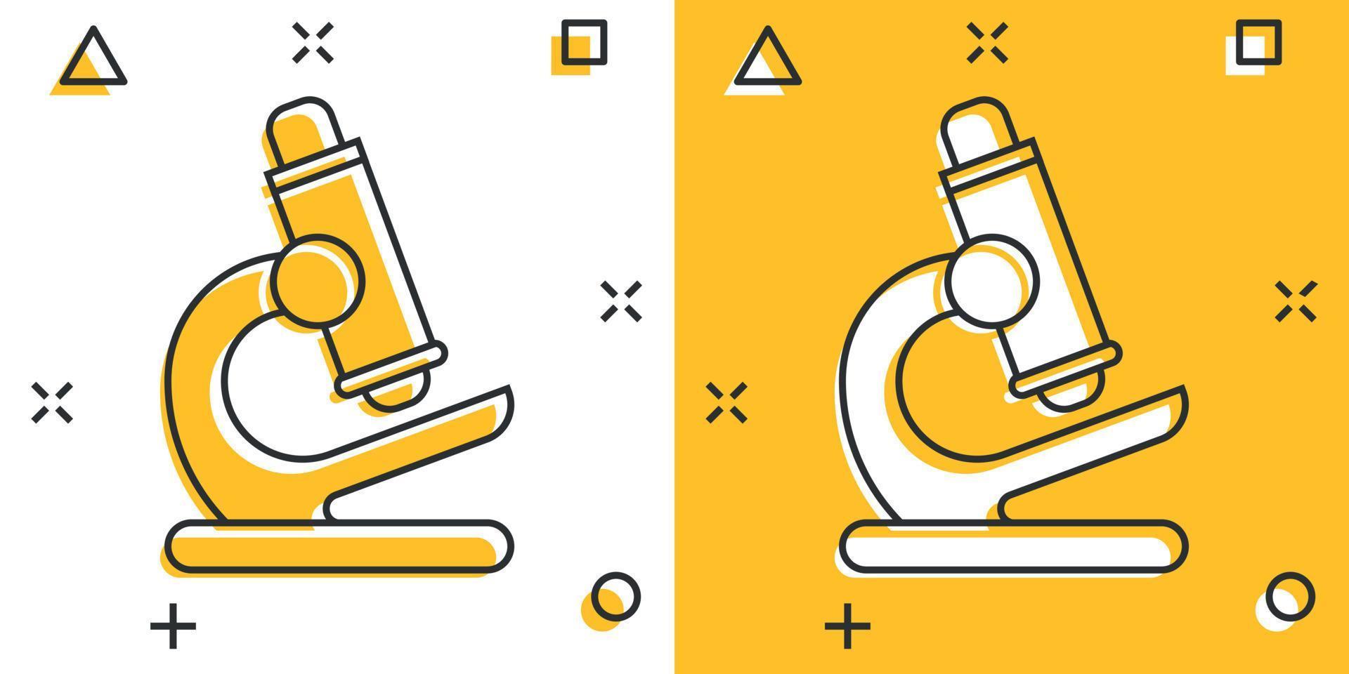 Microscope icon in comic style. Laboratory magnifier cartoon vector illustration on isolated background. Biology instrument splash effect sign business concept.