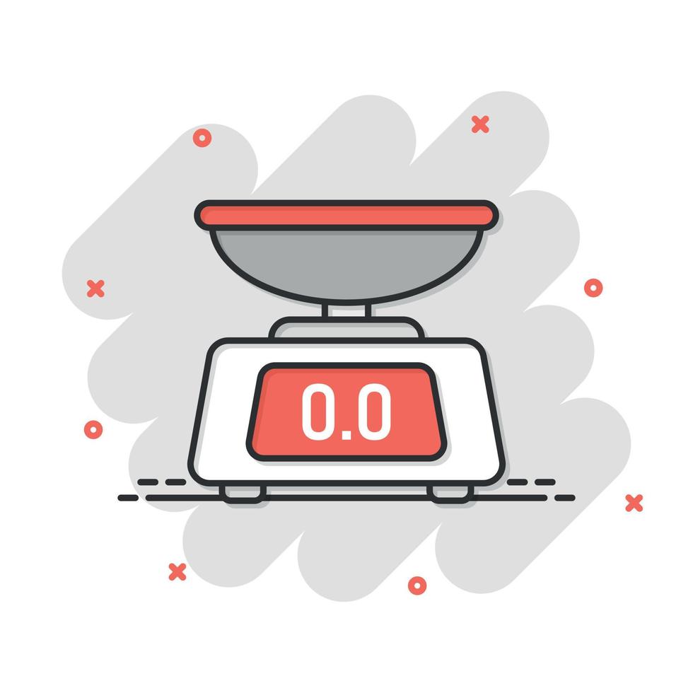 Weight scale icon in comic style. Mass measurement cartoon vector illustration on isolated background. Overweight splash effect sign business concept.