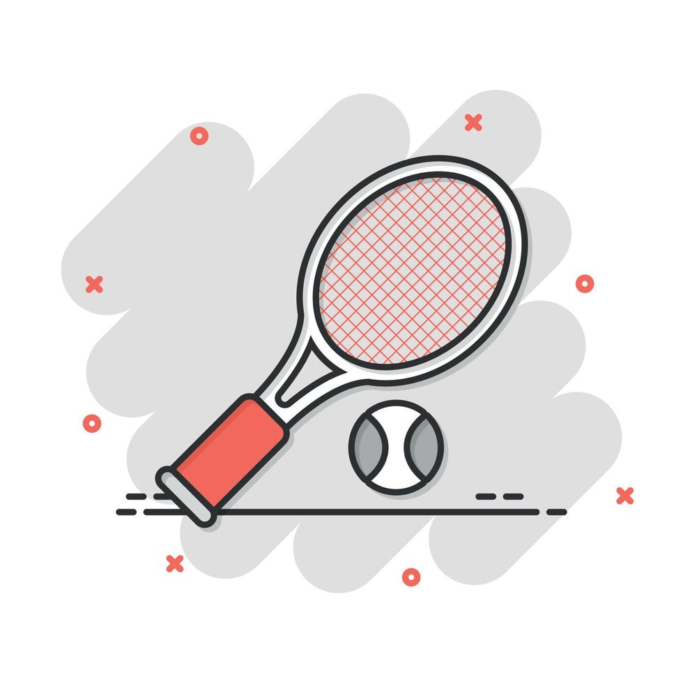 icono de raqueta de tenis en estilo cómico. Ilustración de vector de dibujos animados de raqueta de juego sobre fondo aislado. concepto de negocio de signo de efecto de salpicadura de actividad deportiva.