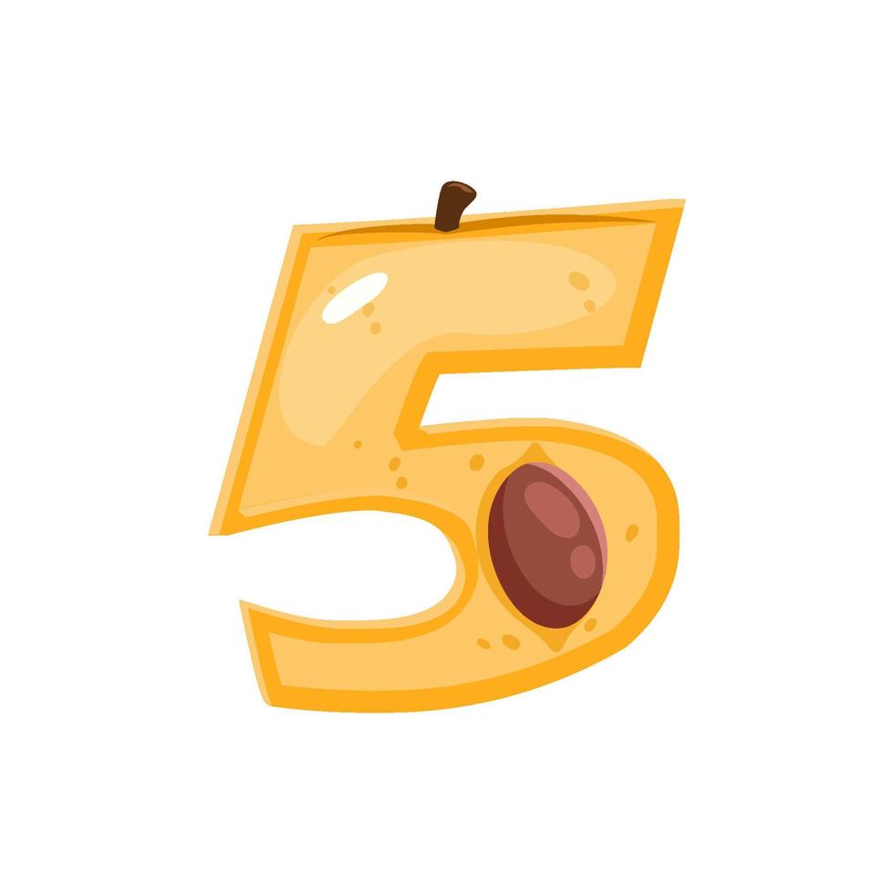 Cartoon Fruit peach number 5, digit five vector