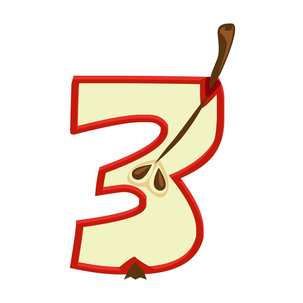 Cartoon Fruit apple number 3, digit three vector