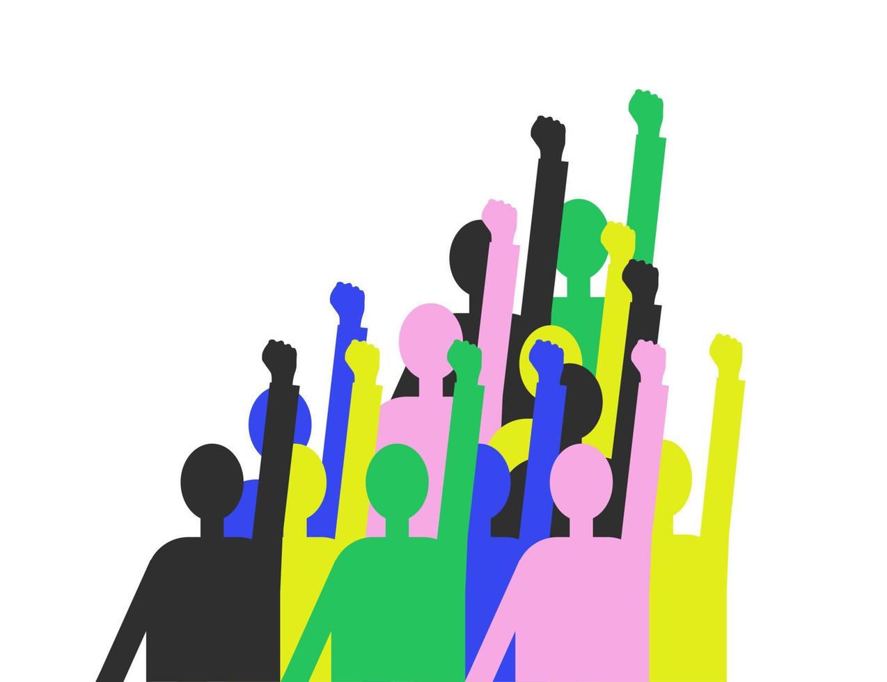 A group of people of different colors raised their hands with fists up. The concept of victory, unity, revolution, struggle, cooperation. Flat illustration. Isolated background vector