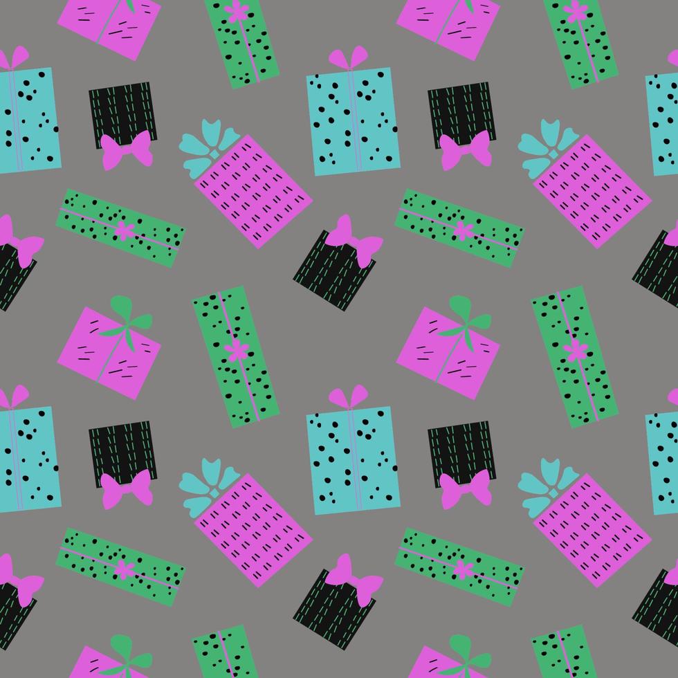 Cute repeating seamless pattern with colorful gift boxes on a dark gray background. Decorative gifts in ornament for textile, wrapping paper and packaging design.Vecctor vector