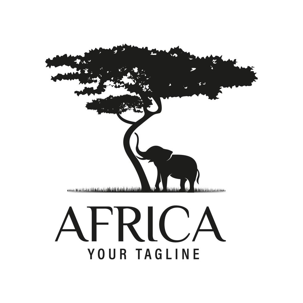 árbol de acacia africano con silueta de elefante africano para vector de diseño de logotipo de aventura de safari