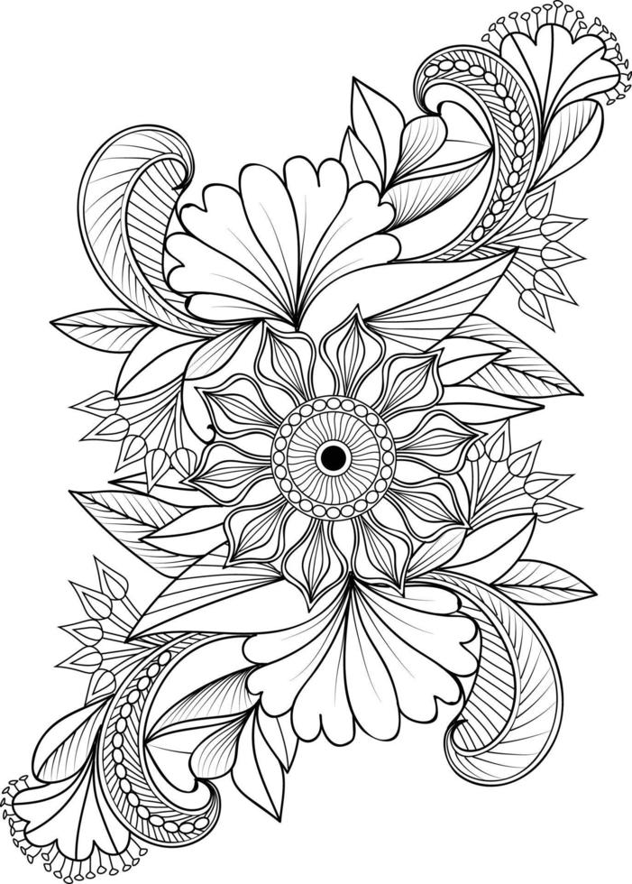 dibujo de flores, una rama de la colección botánica de primavera, arte vectorial de ilustración de tinta del ramo de flores de gilly, dibujado a mano artísticamente, tatuaje de enredo zen, páginas para colorear de flores fáciles y libro. vector