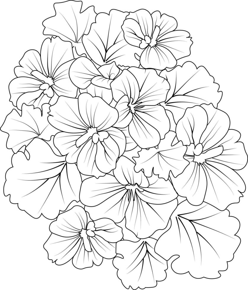 ramo de flor de geranio dibujo a lápiz dibujado a mano página para colorear y libro para adultos aislado sobre fondo blanco tatuaje de elemento floral, arte de tinta de ilustración. vector