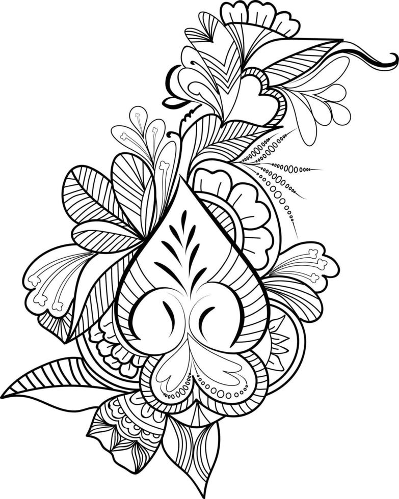 tatuaje de flor de garabato, dibujo vectorial en blanco y negro ilustración de ramo de adorno floral, simplicidad, embellecimiento, elemento de diseño de enredo zen de tarjeta de página de color de impresión aislada en blanco. vector