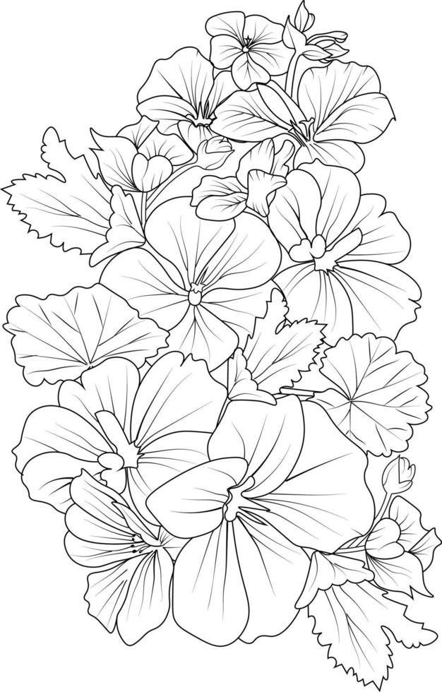 dibujo de flores de geranio dibujar a mano ilustración de jarrón de flores, dibujo vectorial, arte a lápiz, ramo decorativo de página para colorear floral y libro aislado en imágenes prediseñadas de fondo blanco. vector