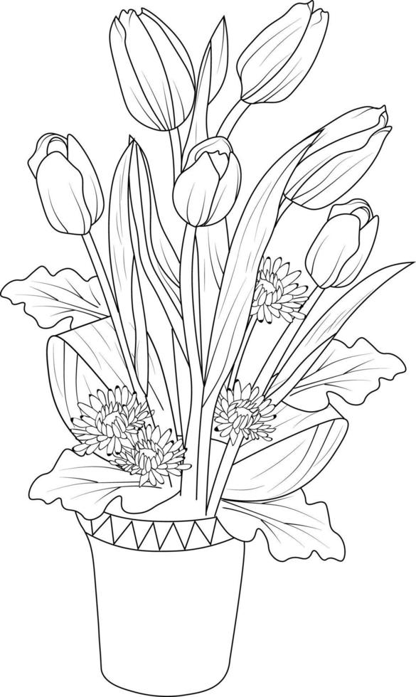 flores rama de flor de tulipán con jarrón dibujo a mano ilustración vectorial elementos de diseño vintage ramo colección natural floral. vector