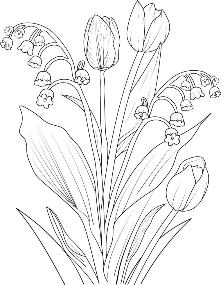 Hand-drawn tulip flower bouquet vector sketch illustration engraved ink art botanical leaf branch collection isolated on white background Greenland Tiulip coloring page and books.