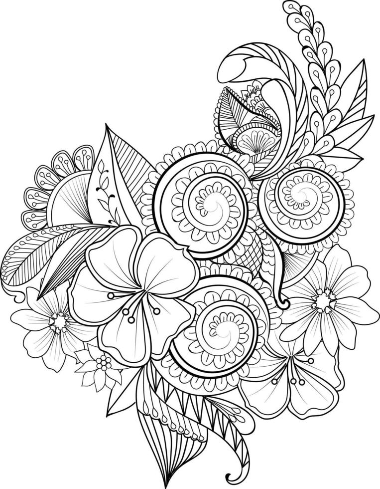 Flowers coloring book, Vector sketch of doodle flowers, Hand drawn zen doodle ornamental tattoo, collection of botanical leaf bud illustration engraved ink art style.