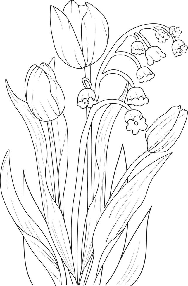  flor de tulipán aislada dibujada a mano ilustración de croquis vectorial, rama de colección botánica de brotes de hojas colección natural página para colorear ramos florales arte de tinta grabada.   Vector