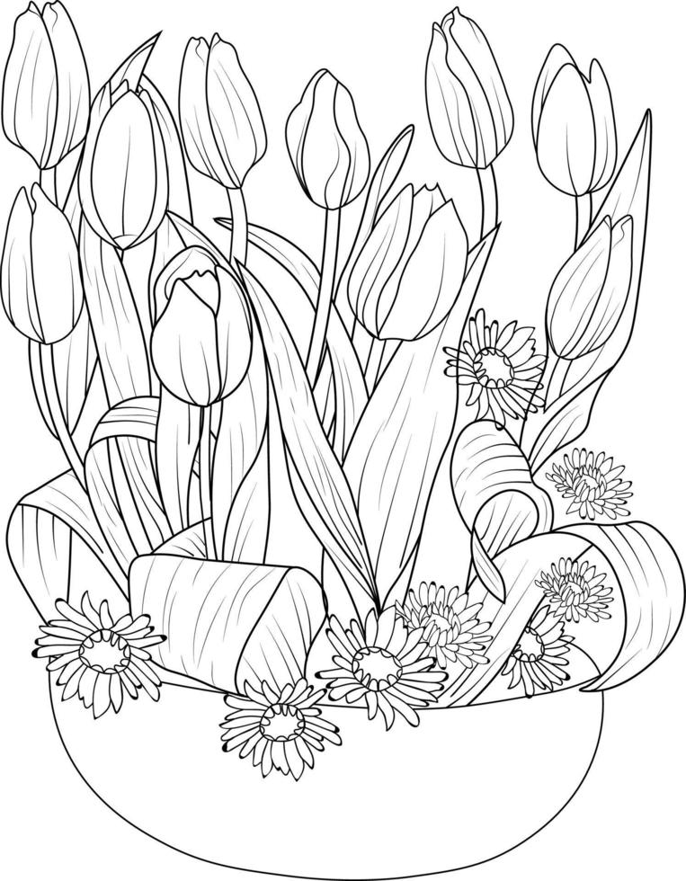 ramo de flores de tulipán de dibujo vectorial ilustración dibujada a mano, rama de colación natural de hojas yema jarrón croquis grabado arte de tinta aislado sobre fondo blanco vector