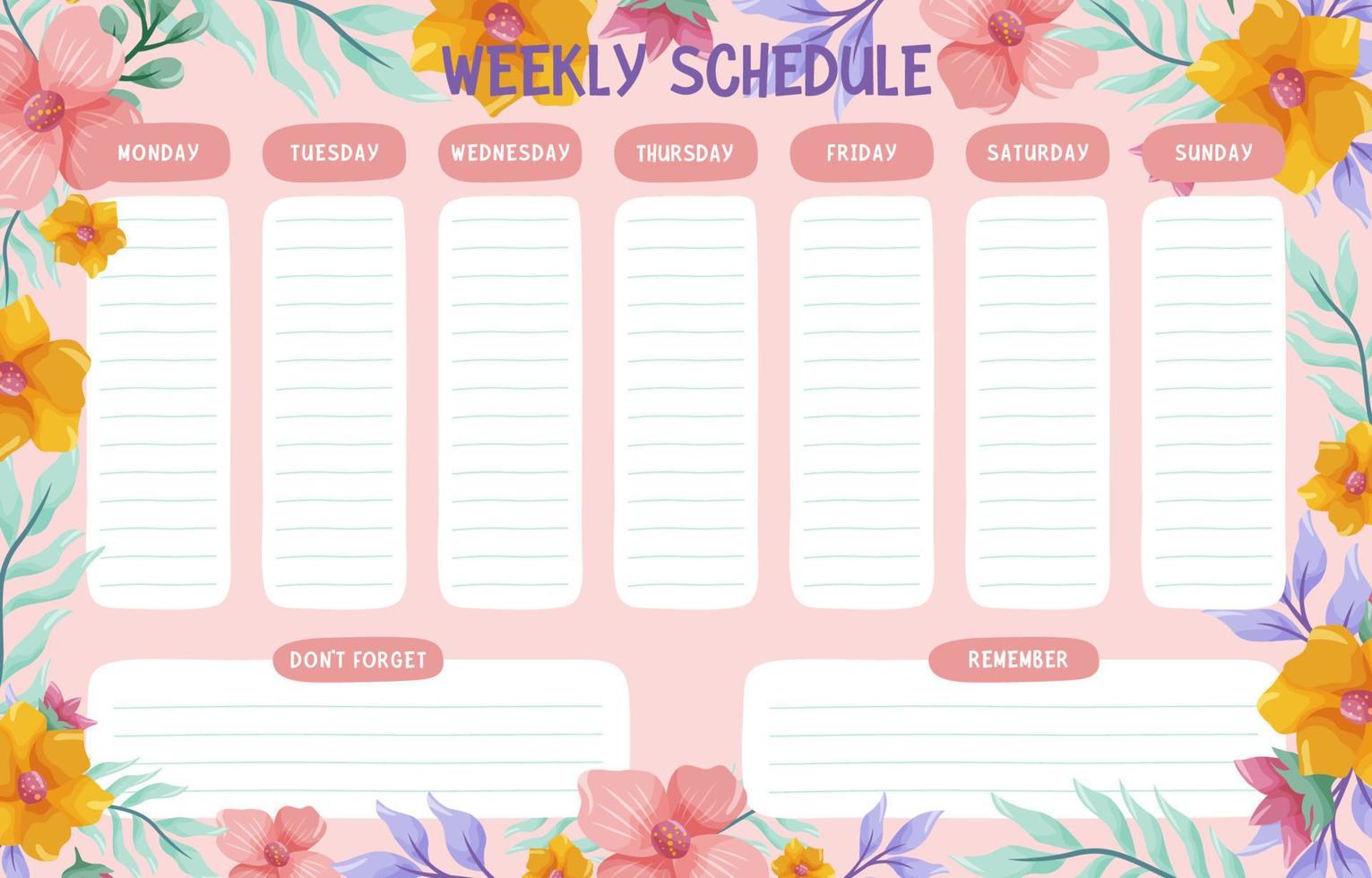 Weekly Planner Pages With Cute Blooming Flowers vector