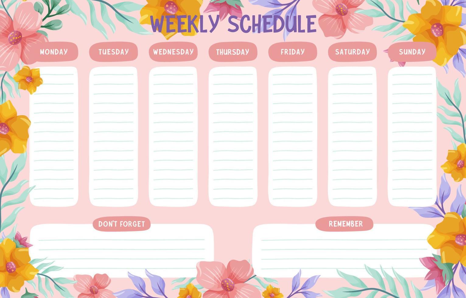 páginas del planificador semanal con lindas flores florecientes vector