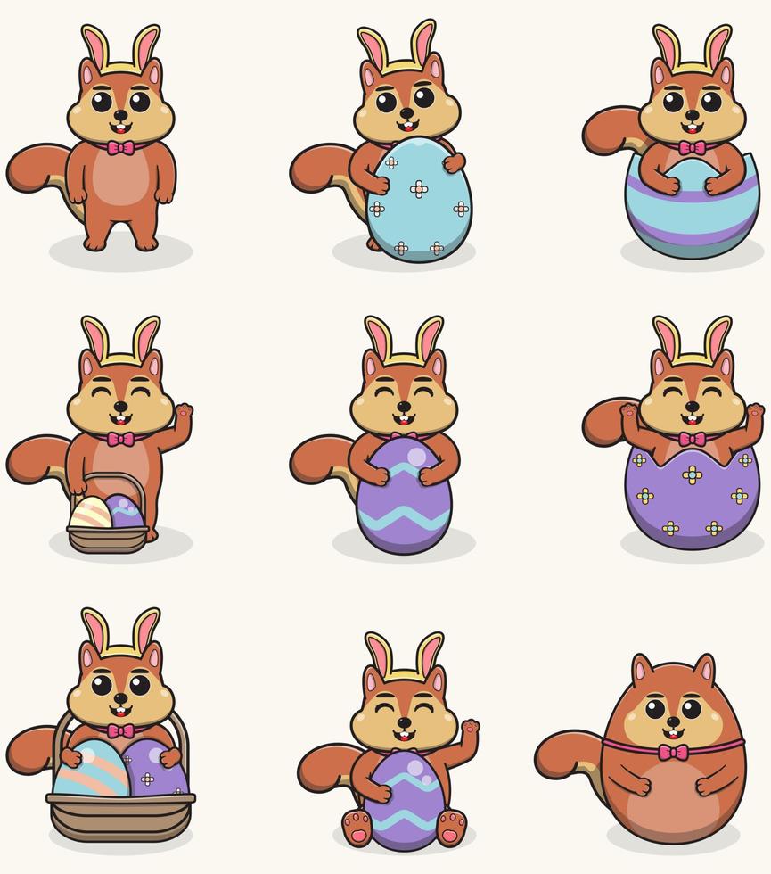 Squirrel Happy Easter. Cute Squirrel on the Easter theme in cartoon. Vector illustration. Isolated on white background. Easter holiday vector set.