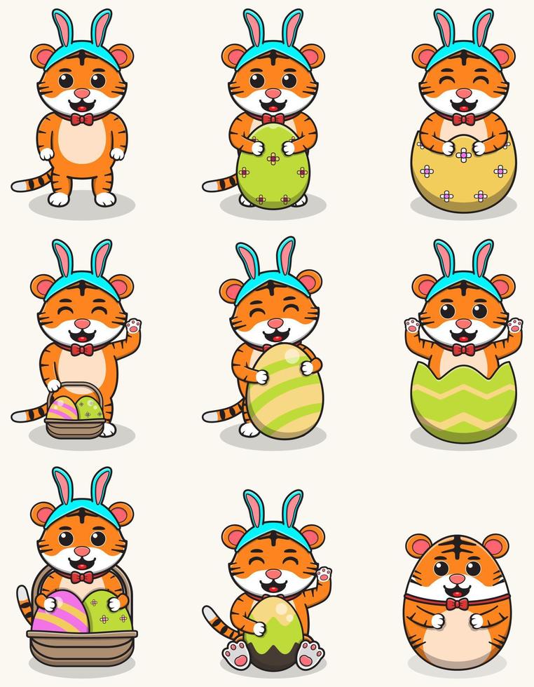 Tiger Happy Easter. Cute Tiger on the Easter theme in cartoon. Vector illustration. Isolated on white background. Easter holiday vector set.