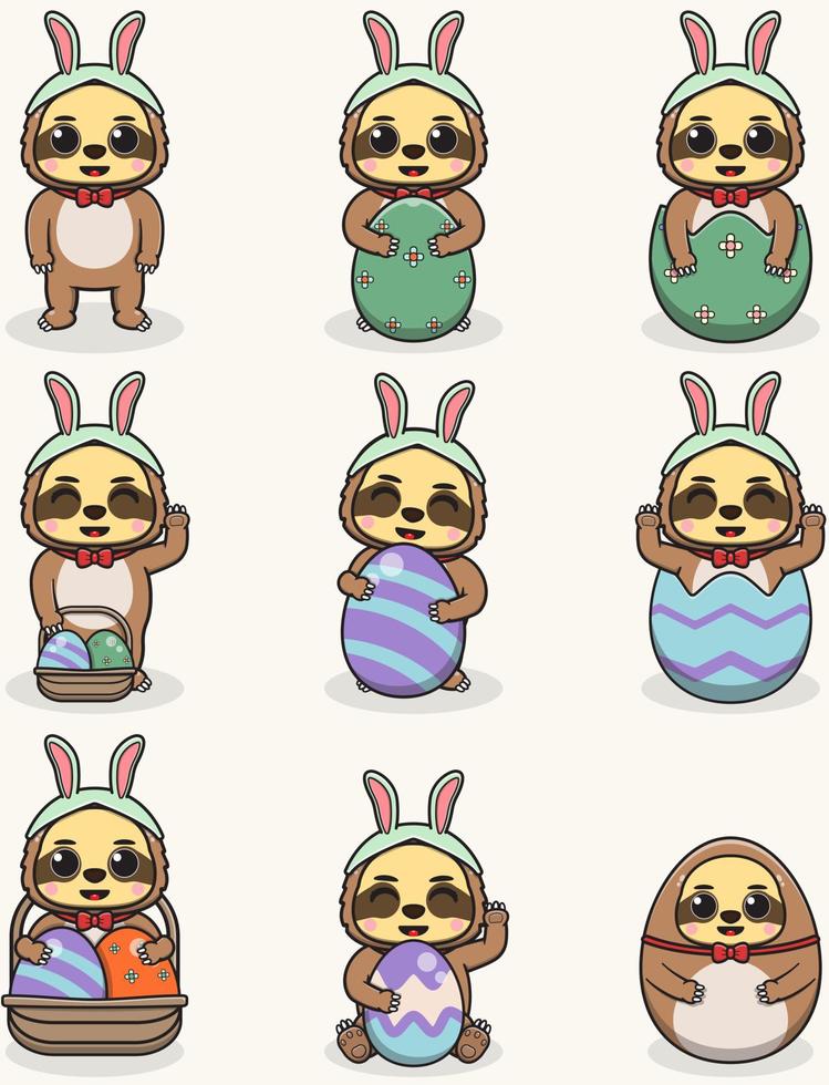 Sloth Happy Easter. Cute Sloth on the Easter theme in cartoon. Vector illustration. Isolated on white background. Easter holiday vector set.